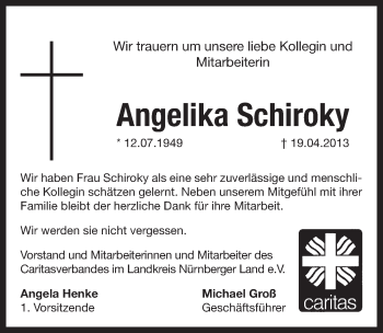 Traueranzeige von Angelika Schiroky von Pegnitz-Zeitung